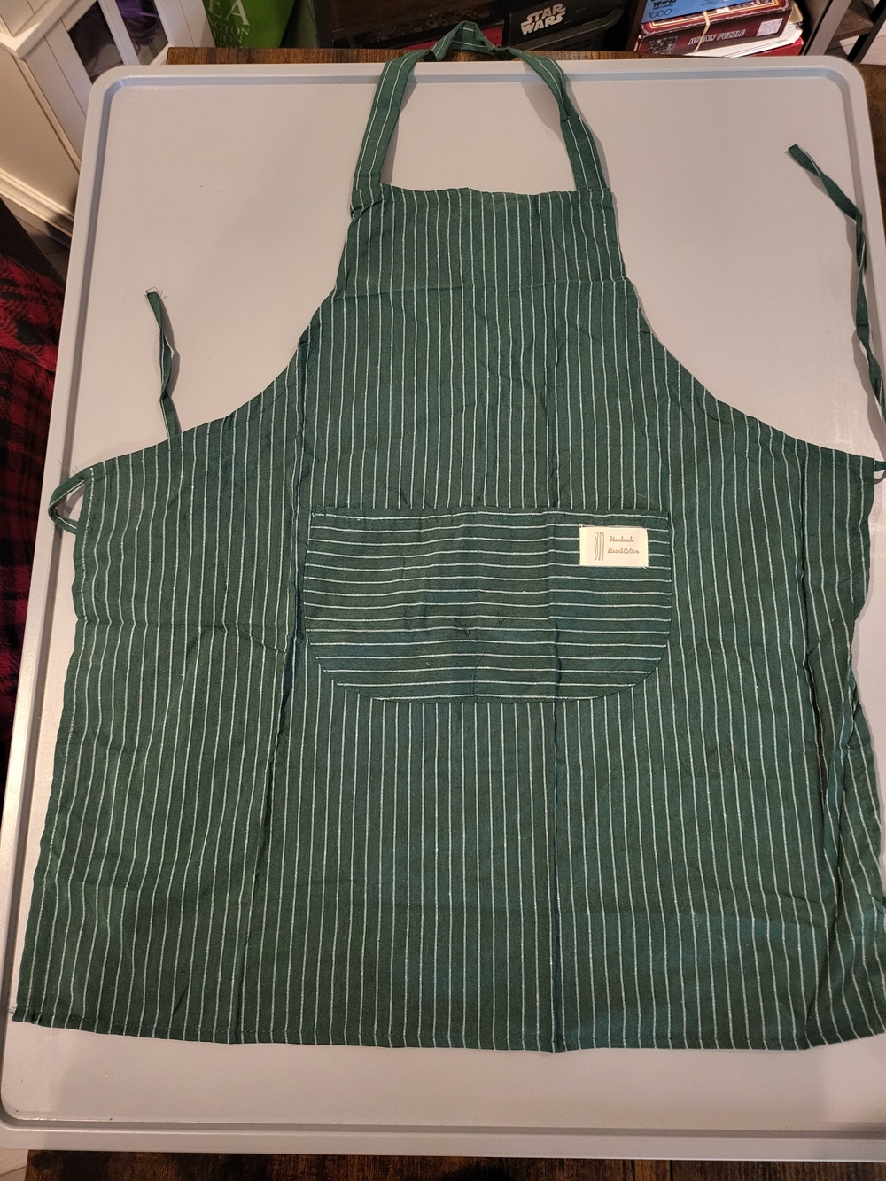 Green Striped Cotton Kitchen Apron with Front Pocket